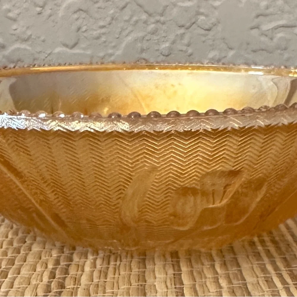 Carnival Glass Jeanette Iris & Herringbone Orange Iridescent Small Bowl VTG